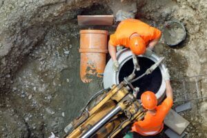 Workers setting up sewage system for flood mitigation